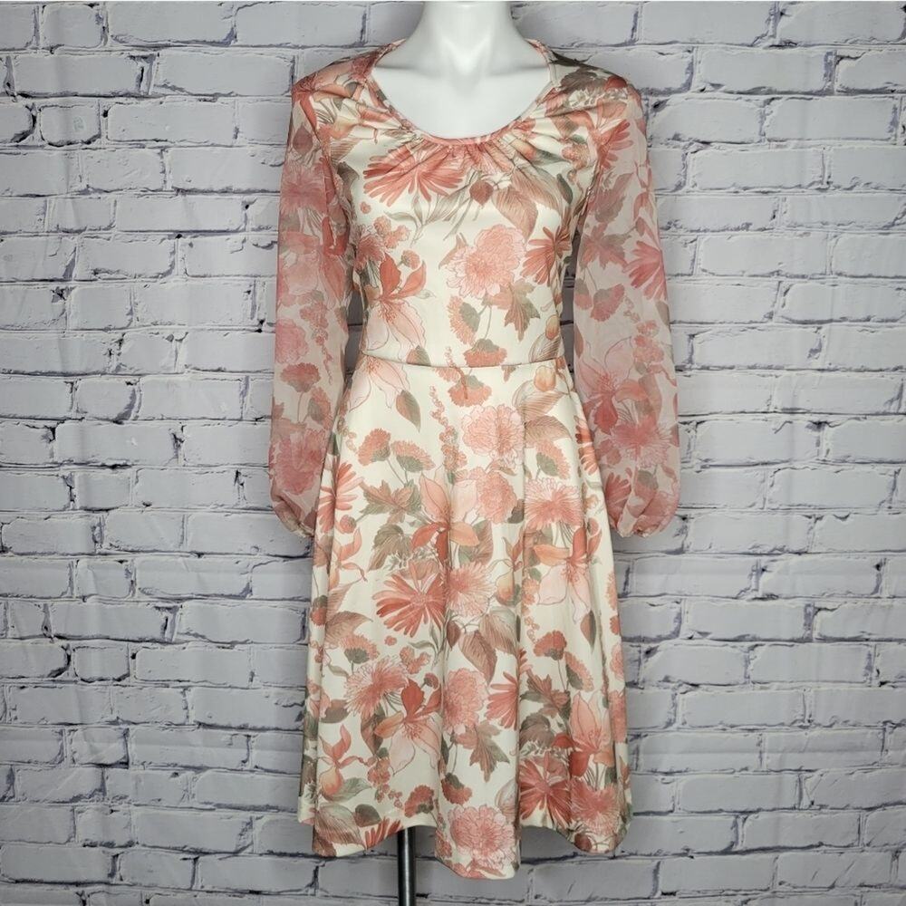 Vintage Floral Sheer Long Sleeve Midi Dress, size Medium